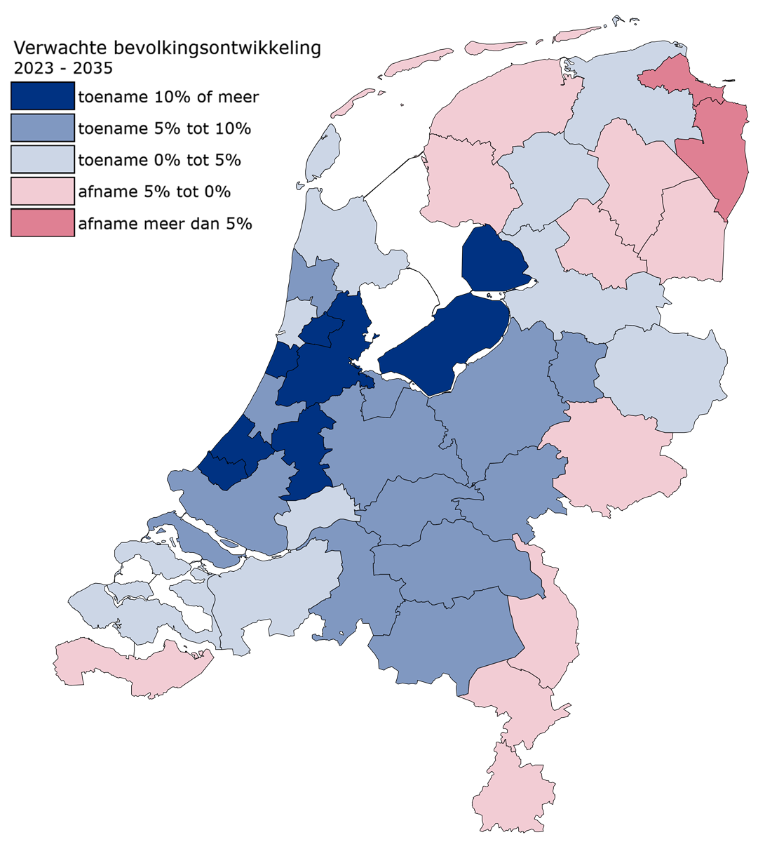 Kaartje van Nederland met de verwachte bevolkingsgroei